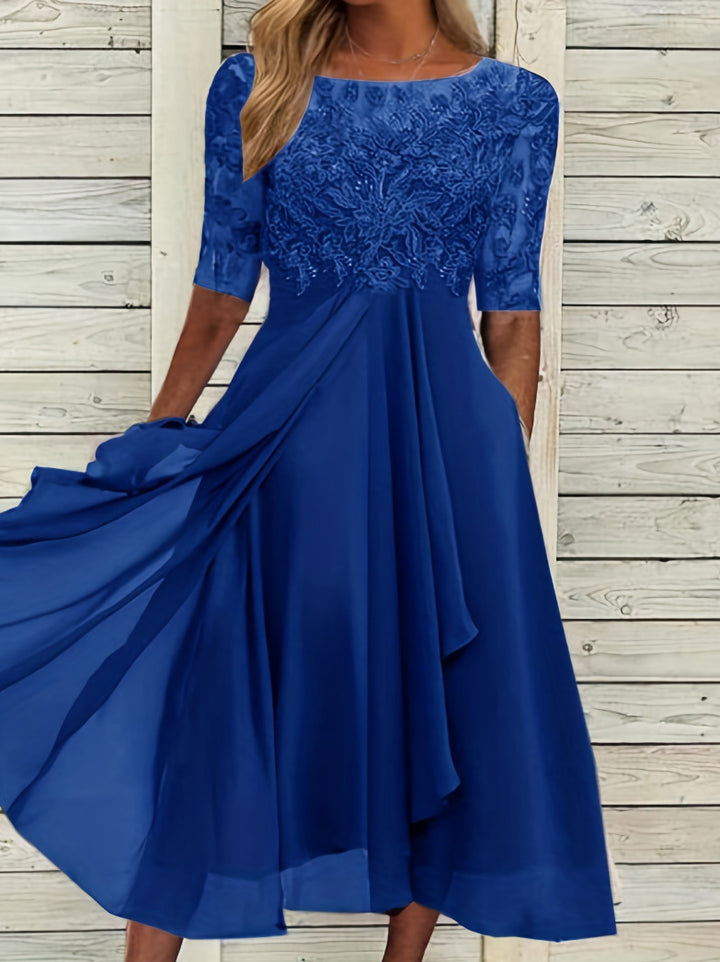 Ladies' elegant cocktail dress with embroidered corset, boat neckline and flowing chiffon skirt StylebySassy