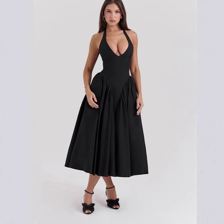 Women's figure-flattering halter bustier midi dress with tailored bodice and wide circle skirt StylebySassy