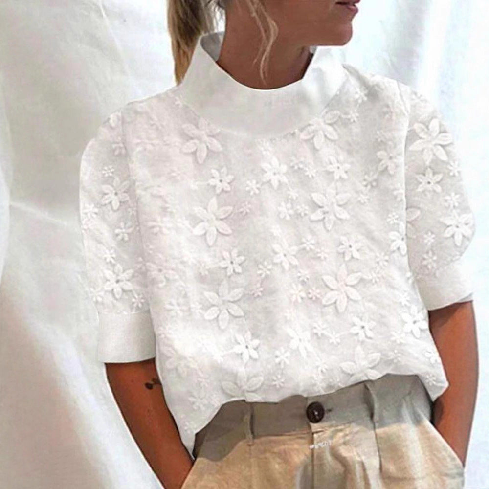 Ladies non-light embroidered blouse with stand collar and three-dimensional floral appliqué StylebySassy