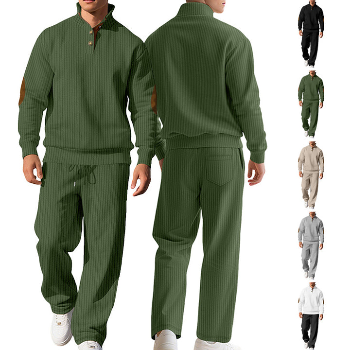 Men's fine ribbed sweater with half button placket, high stand-up collar, and contrasting suede elbow patches StylebySassy
