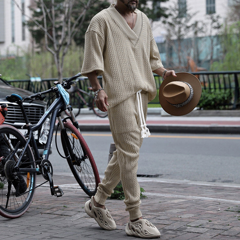 Men's casual knit set with V-neck and drawstring jogger pants StylebySassy