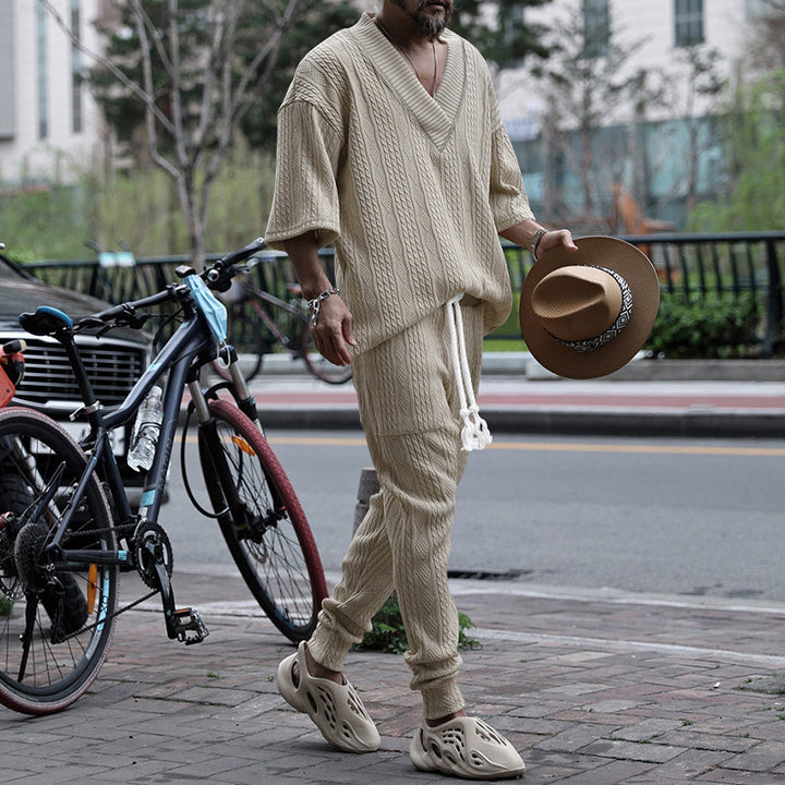 Men's casual knit set with V-neck and drawstring jogger pants StylebySassy