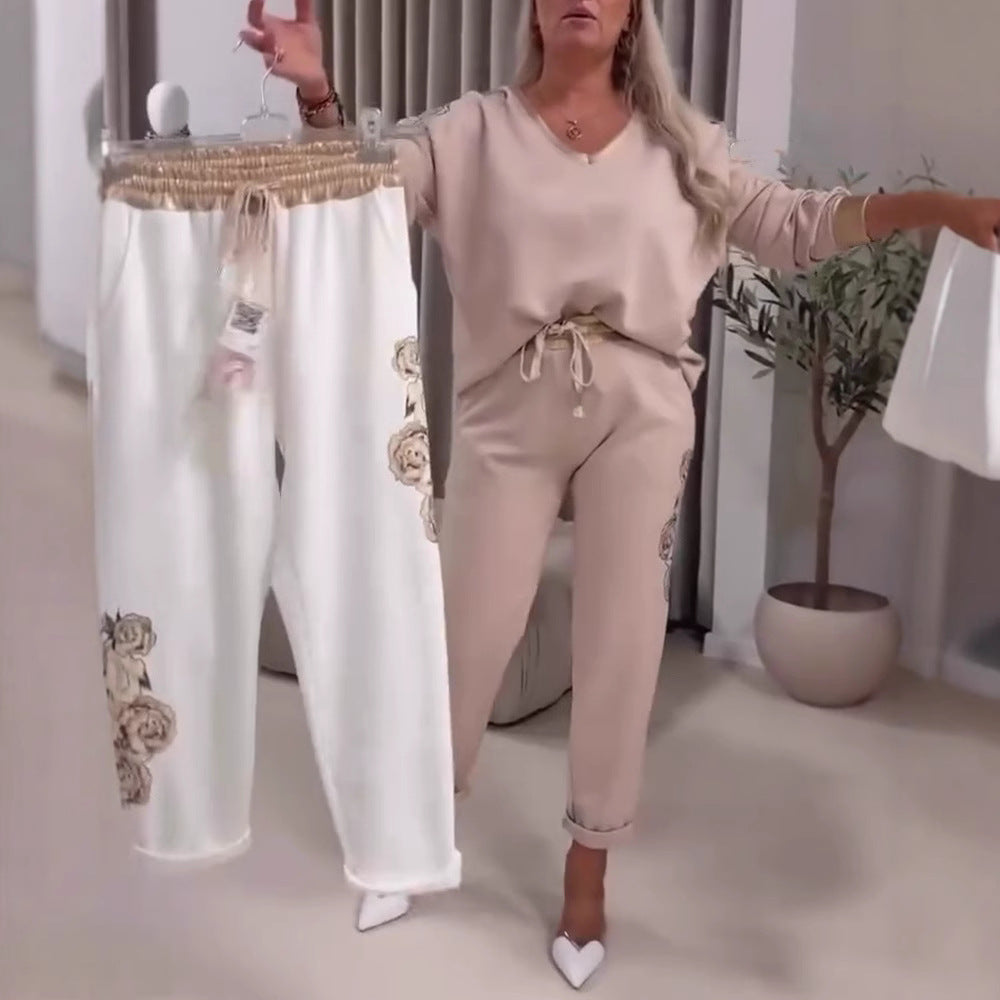Women’s casual jogging pants with side rose embroidery, elastic comfort waistband, and drawstring StylebySassy