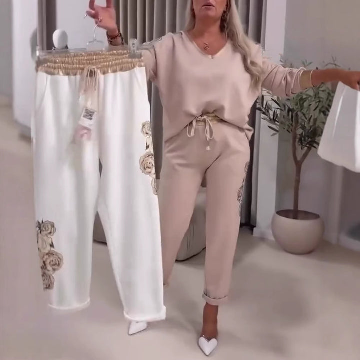 Women’s casual jogging pants with side rose embroidery, elastic comfort waistband, and drawstring StylebySassy