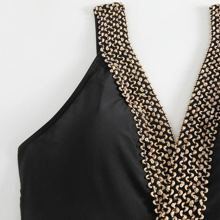 Women's One-Piece Swimsuit with Elegant V-Neck and Golden Details StylebySassy