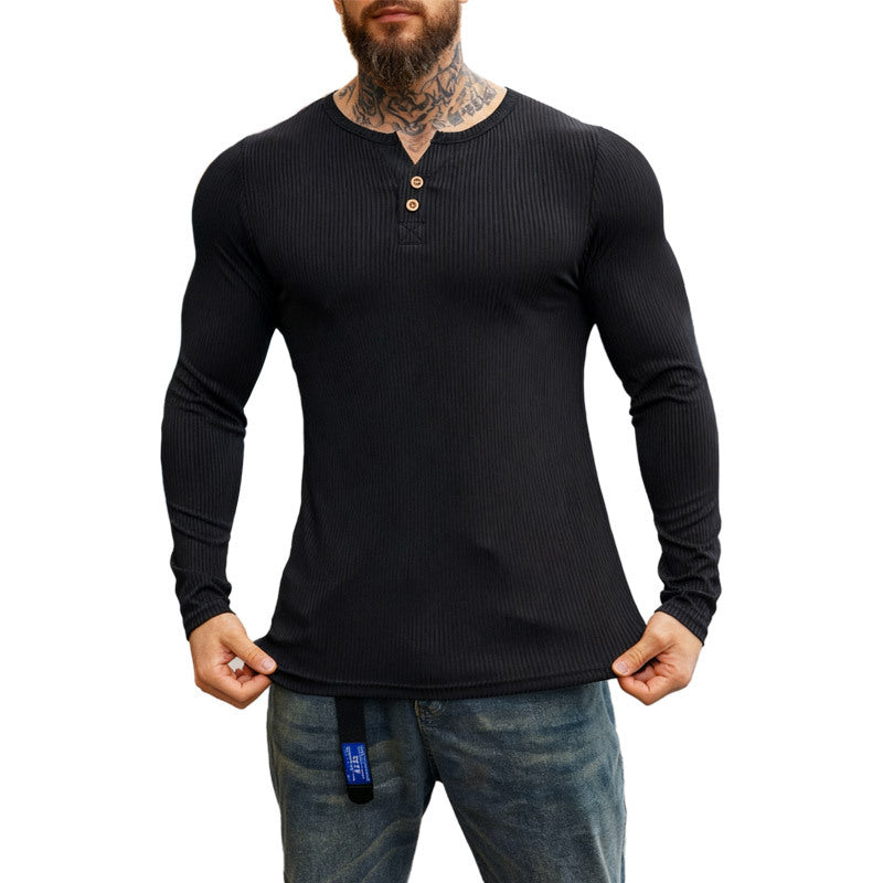 Men's ribbed long-sleeve Henley shirt with flat button placket and fitted stretch fit StylebySassy