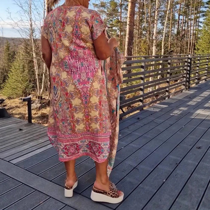Women's flowing midi dress in tunic-kaftan mix with V-neck, short sleeves, loose fit, and matching pareo StylebySassy