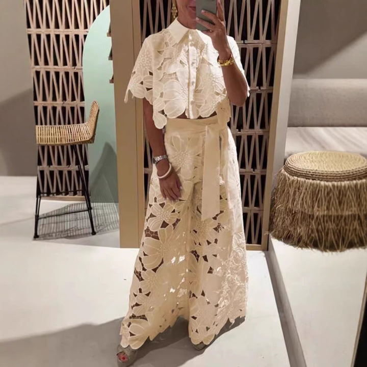 Ladies two-piece lace ensemble with crop top and wide palazzo pants StylebySassy