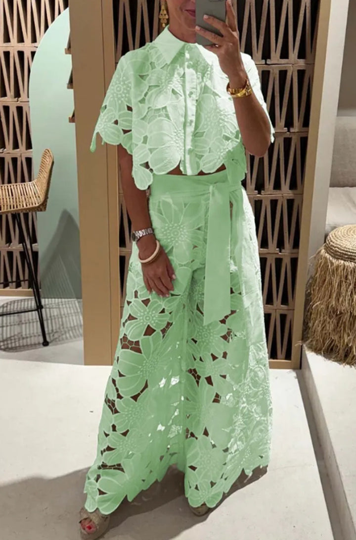 Ladies' two-piece set in Guipure lace with a cropped top, scalloped hem, and high-waisted wide Palazzo pants StylebySassy