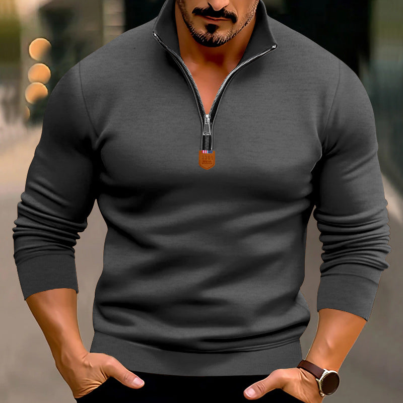 Men's narrow cut fine knit pullover with short zipper, shaping seams, and stretch waistband StylebySassy