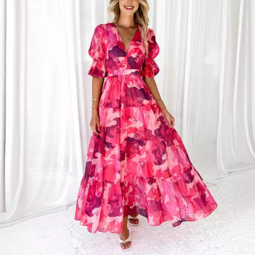 Ladies multi-layered maxi dress in ruffle tiered look with V-neck and gathered empire waist StylebySassy