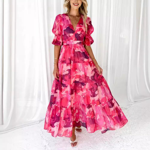 Ladies multi-layered maxi dress in ruffle tiered look with V-neck and gathered empire waist StylebySassy