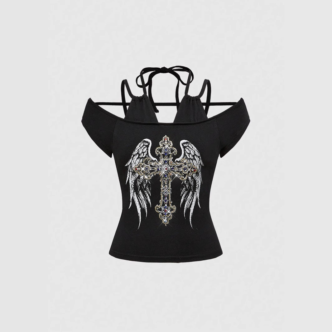 Women Off-Shoulder Top with Sparkling Cross Design StylebySassy