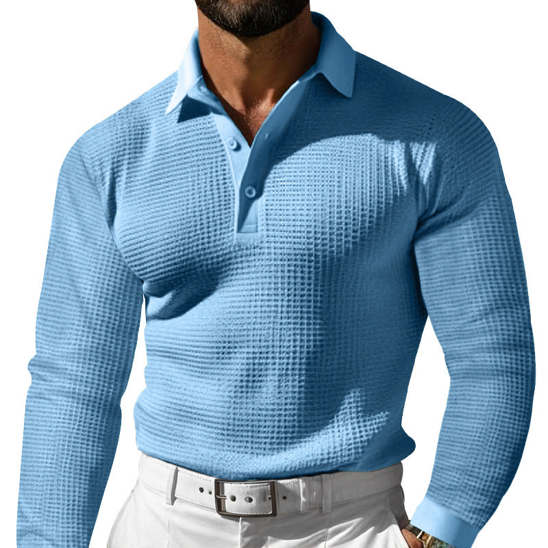 Men's form-fitting long-sleeve polo shirt made of fine waffle fabric with a slim Milano collar and elastic hem StylebySassy