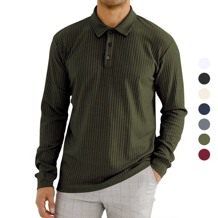 Men's nano ribbed long sleeve polo shirt with fine ribbed texture, classic collar, and elastic hem StylebySassy