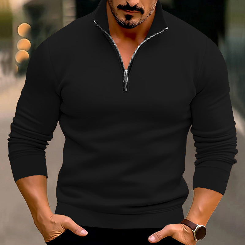 Men's fitted fine knit pullover with short zipper and stand-up collar StylebySassy