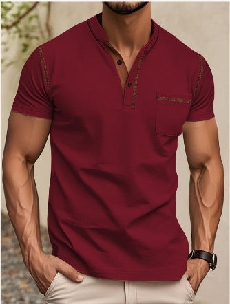 Men's modern short-sleeve Henley with stand collar, contrast stitching, and patch chest pocket StylebySassy