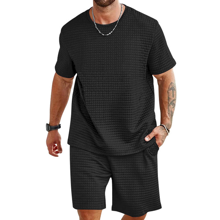 Men's waffle structure lounge and leisure set with wide-cut short-sleeve shirt and shorts with elastic waistband StylebySassy