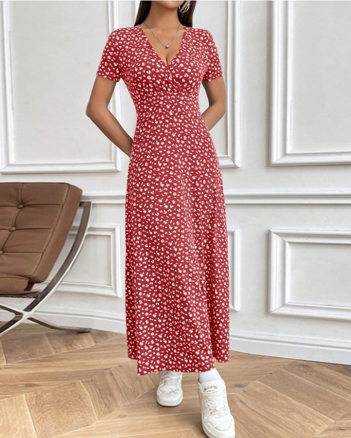 Women nan tailored V-neck wrap maxi dress made of viscose jersey with short sleeves and A-line hem StylebySassy