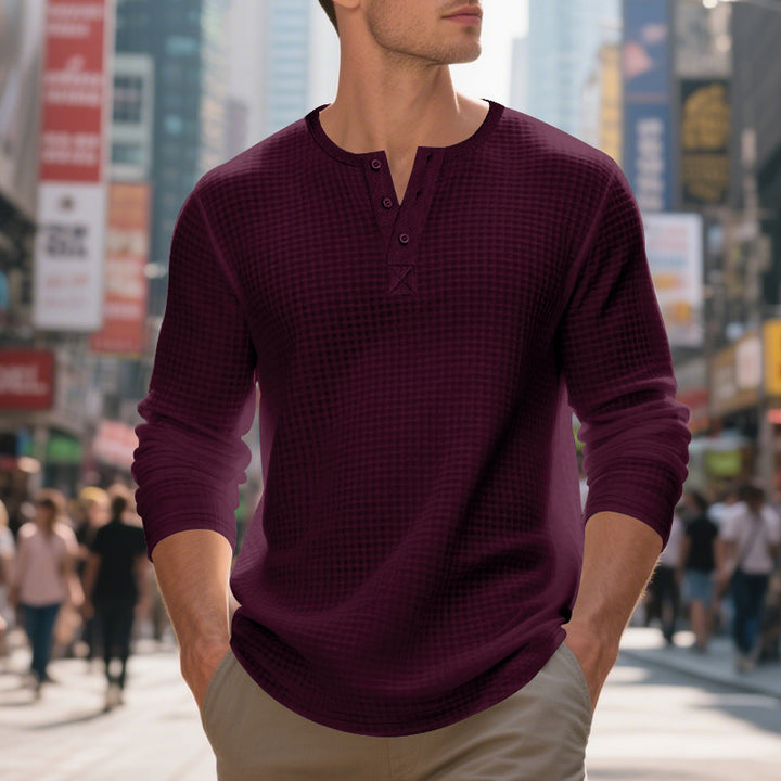 Men's nano thermoregulating waffle thermal shirt with short button placket and rounded hem StylebySassy