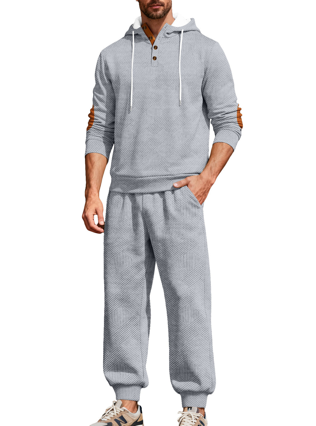 Men's textured hoodie jogging set with Henley button placket and contrast elbow patches StylebySassy