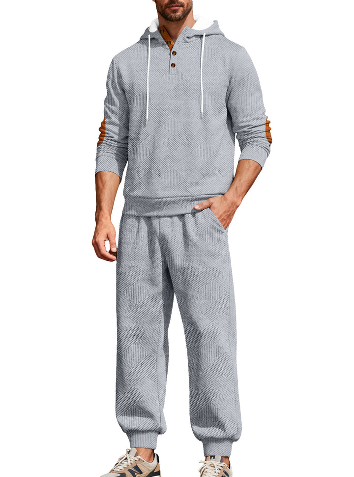 Men's textured hoodie jogging set with Henley button placket and contrast elbow patches StylebySassy