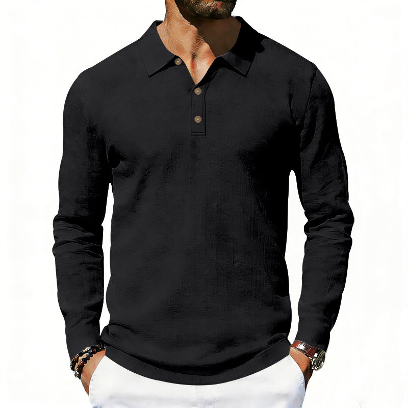 Men's long sleeve polo shirt made of cotton gauze with a shirt collar, three-button placket, and relaxed fit StylebySassy