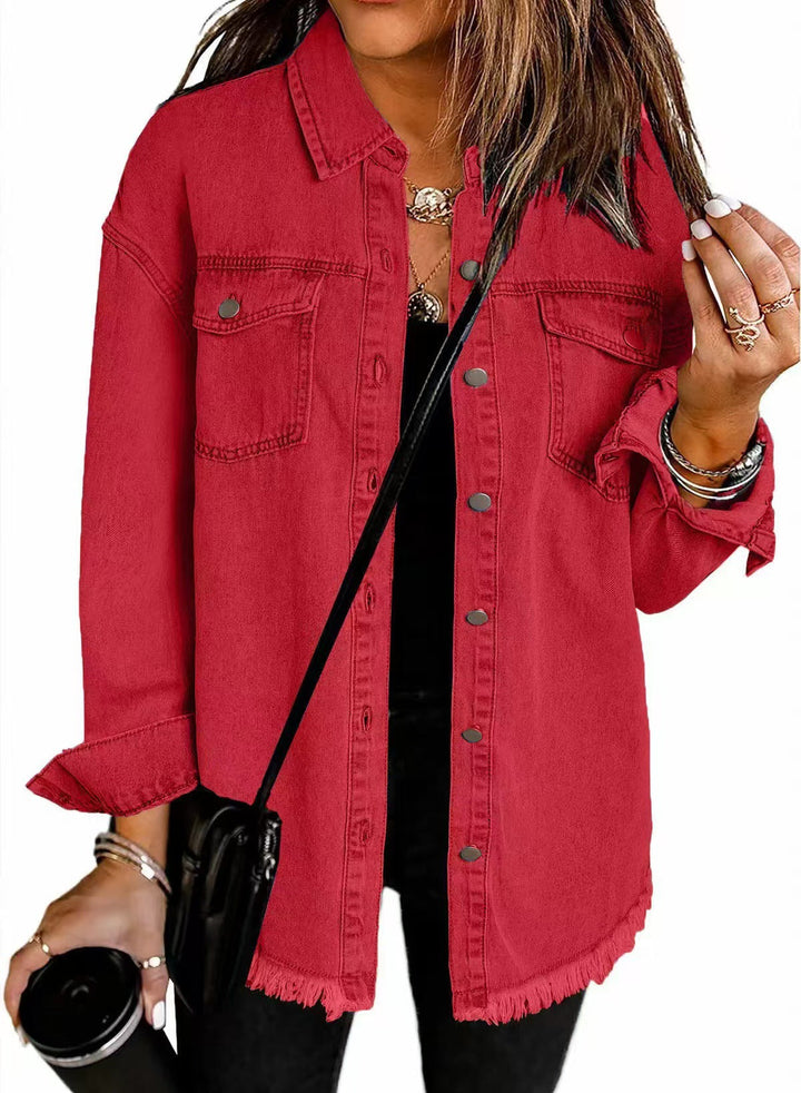 Women's Collared Button Front Jacket with Frayed Hem