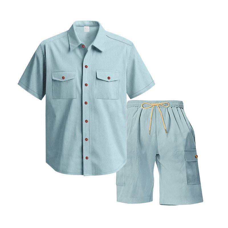 Men's structured short-sleeve shirt and bermuda set with flap pockets and elastic waistband StylebySassy