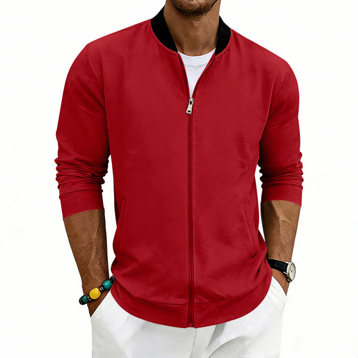 Men's lightweight bomber jacket made of jersey with stand-up collar, elastic cuffs, and concealed pockets StylebySassy
