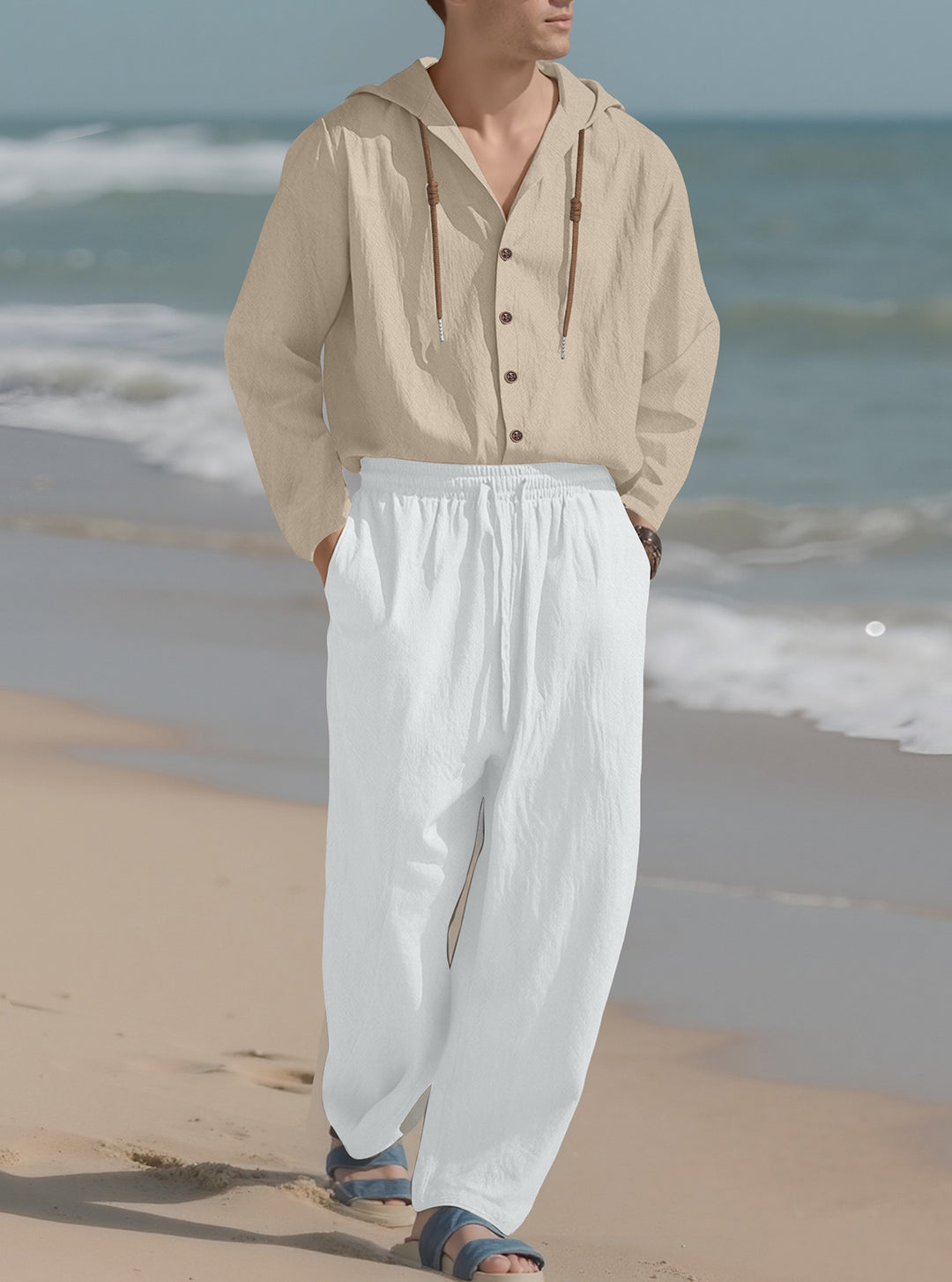 Men's casual hoodie shirt with continuous button placket, decorative drawstring, and relaxed fit StylebySassy