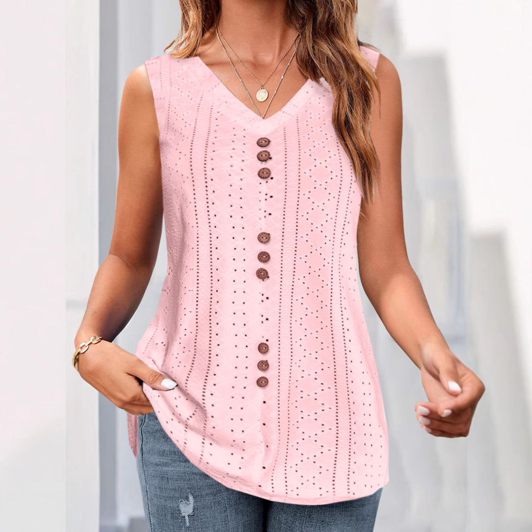 Women's sleeveless broderie anglaise top with V-neck and decorative button placket StylebySassy