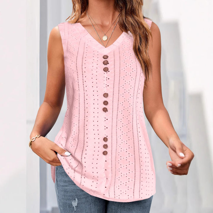 Women's sleeveless broderie anglaise top with V-neck and decorative button placket StylebySassy