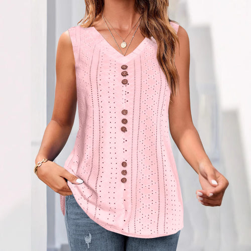 Women's sleeveless broderie anglaise top with V-neck and decorative button placket StylebySassy