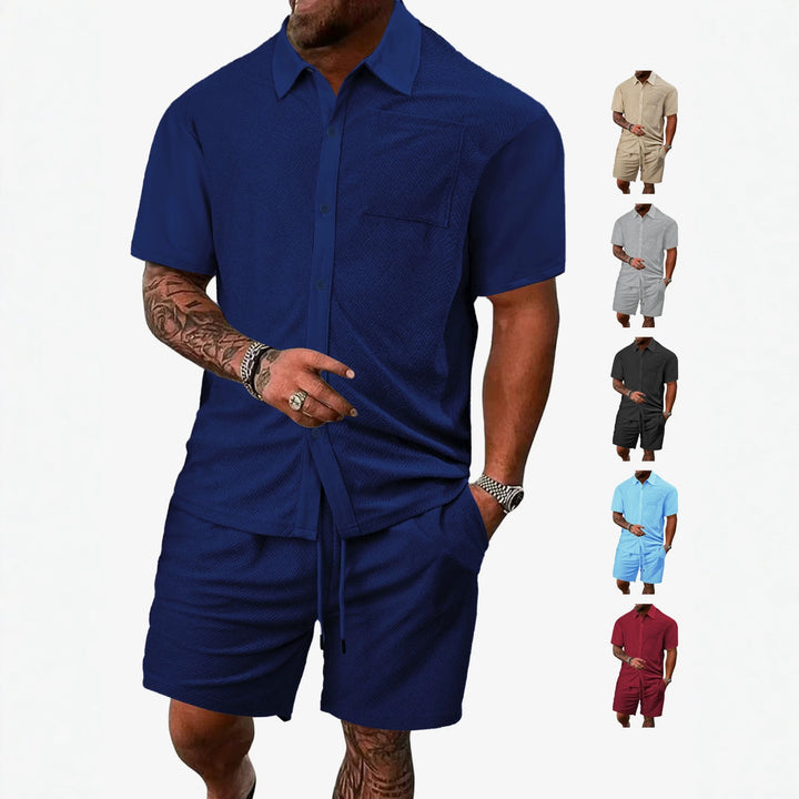 Men's buttoned leisure set with shirt collar herringbone structure chest pocket and drawstring shorts StylebySassy
