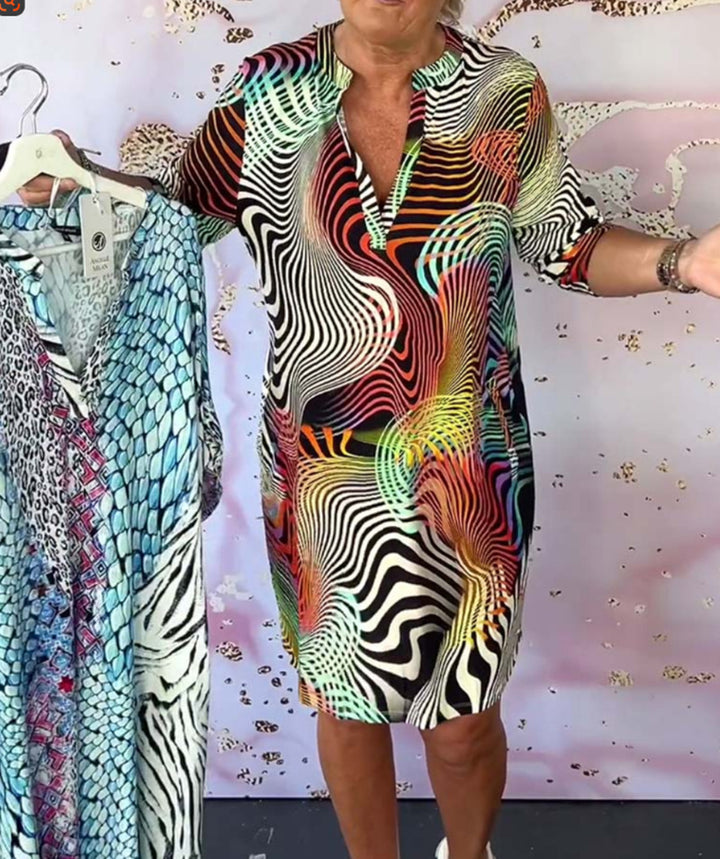 Women knee-length tunic dress with stand-up collar and V-neck StylebySassy
