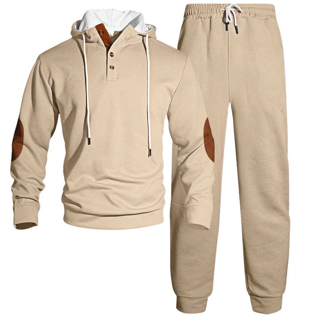 Men's waffle structure Henley hoodie set with wooden button placket elbow patches and tapered joggers StylebySassy