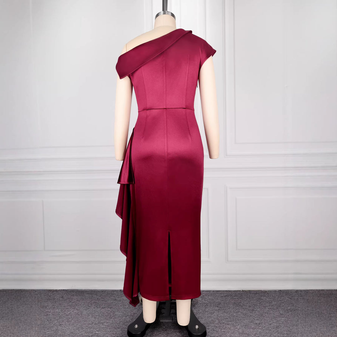 Ladies elegant satin evening dress with asymmetrical ruffled details StylebySassy