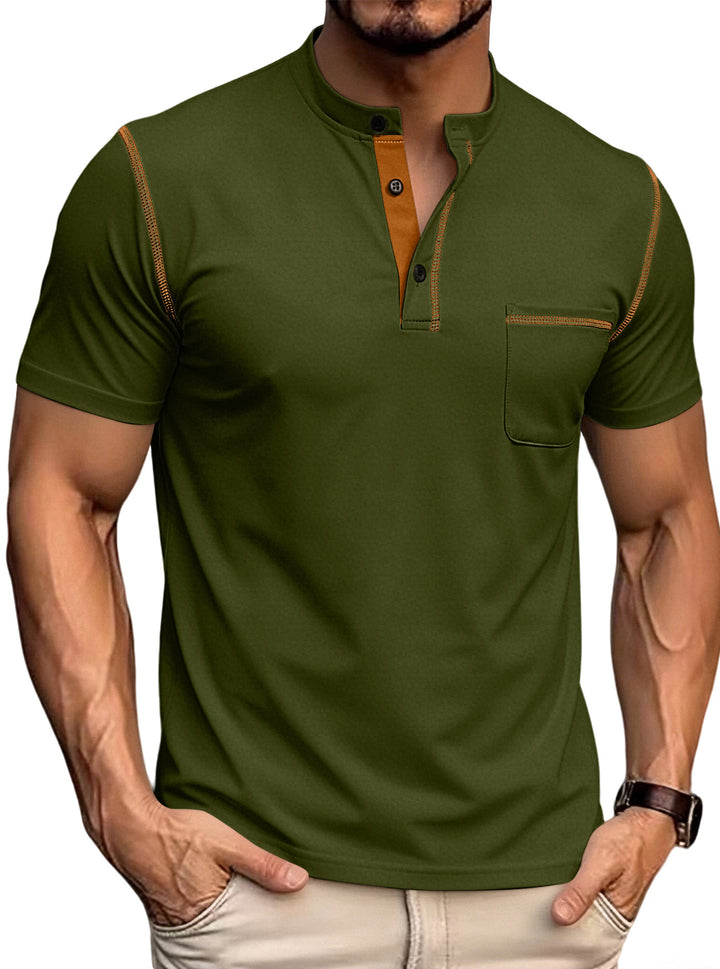 Men's short-sleeved polo shirt with stand-up collar button placket chest pocket made of elastic cotton blend StylebySassy