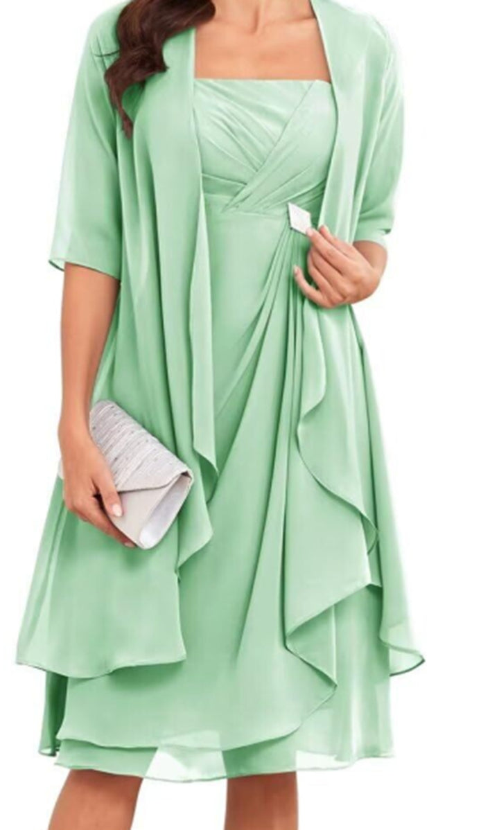Women's Chiffon Evening Dress with Bolero and Asymmetrical Layered Skirt StylebySassy