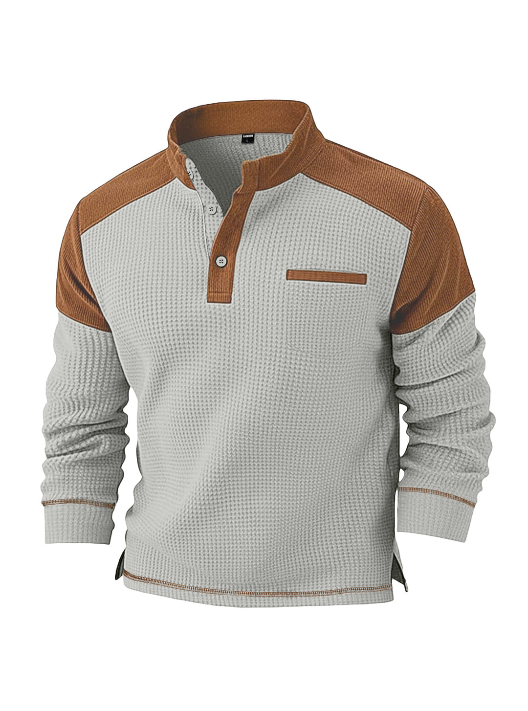 Men's waffle knit henley with stand-up collar, cord shoulder yoke and chest piping StylebySassy