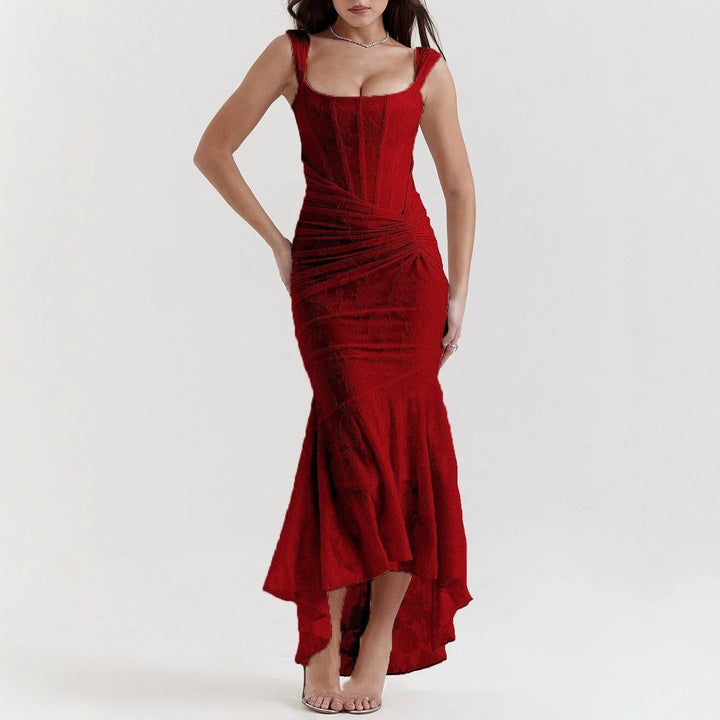 Women’s tight-fitting corset evening dress with integrated boning, ruched wrap design, and floral jacquard texture StylebySassy