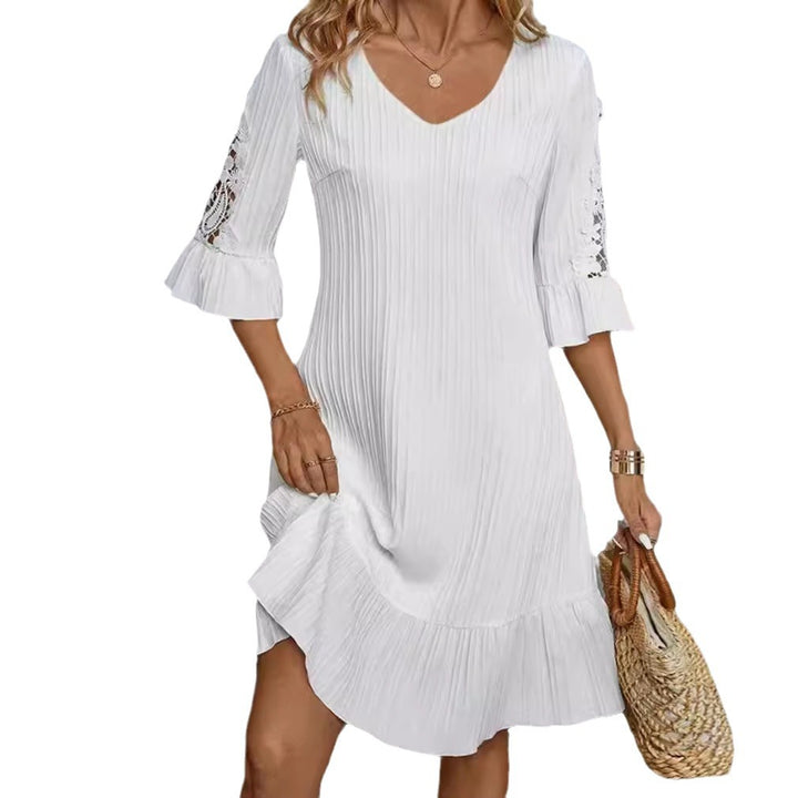 Women's lightweight pleated midi dress with V-neck, three-quarter sleeves with lace trim and ruffled hem StylebySassy