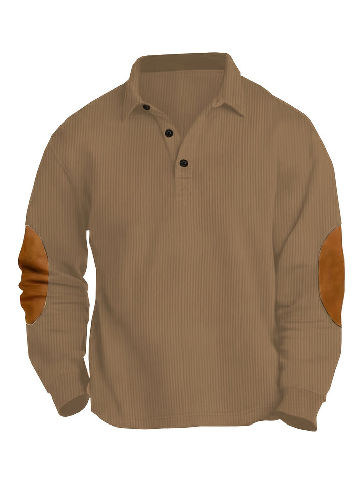 Men's nan legeres long sleeve polo shirt with shirt collar, short button placket, fine texture and velour elbow patches StylebySassy