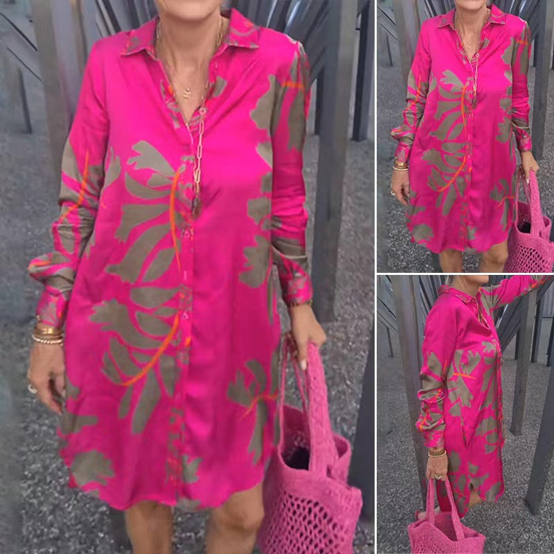 Ladies knee-length shirt dress with continuous button placket, Kent collar, cuffs, and loose A-line silhouette StylebySassy