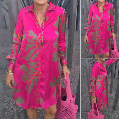 Ladies knee-length shirt dress with continuous button placket, Kent collar, cuffs, and loose A-line silhouette StylebySassy