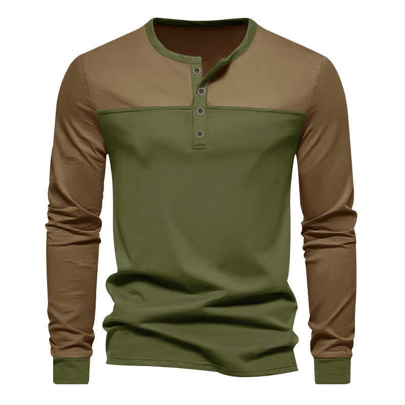 Men's two-tone long sleeve shirt in Henley style with shoulder yoke, short button placket and ribbed cuffs StylebySassy