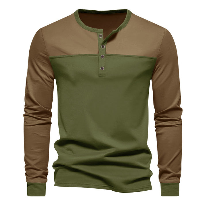Men's two-tone long sleeve shirt in Henley style with shoulder yoke, short button placket and ribbed cuffs StylebySassy