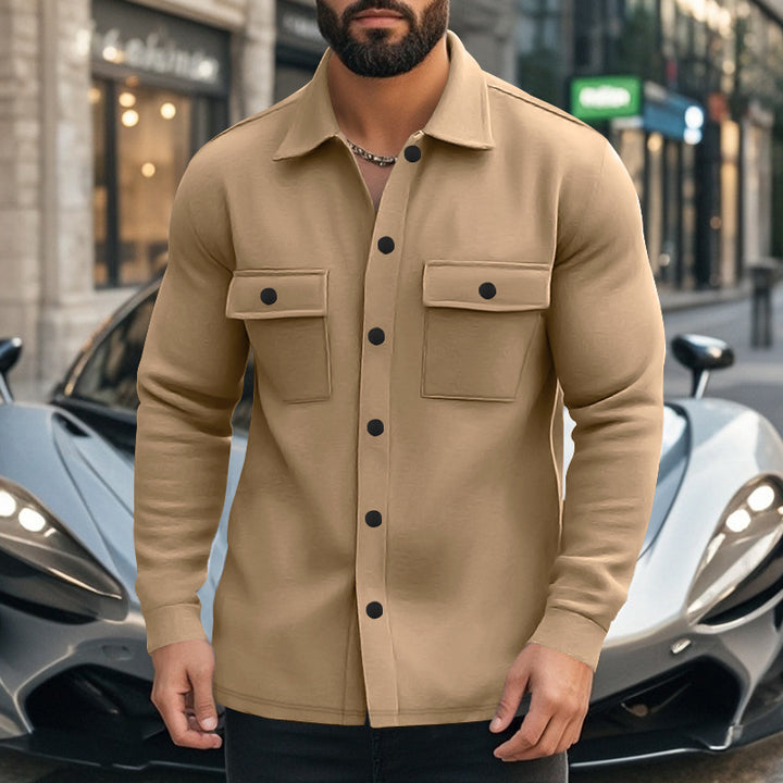 Men's fashionable overshirt jacket in felt look with patch breast pockets and visible snap button placket StylebySassy