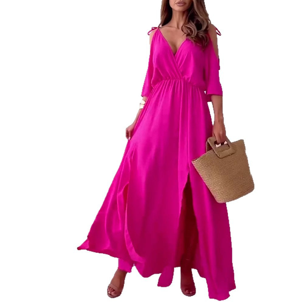 Women nan flowing maxi dress with V drape, off-shoulder strap band, elastic waist yoke and high skirt slit StylebySassy